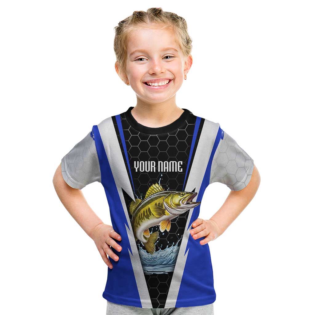 Custom Walleye Fishing Kid T Shirt with Jumping Fish Splash and Blue Black Hexagon Pattern - Wonder Print Shop