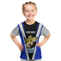 Custom Walleye Fishing Kid T Shirt with Jumping Fish Splash and Blue Black Hexagon Pattern - Wonder Print Shop