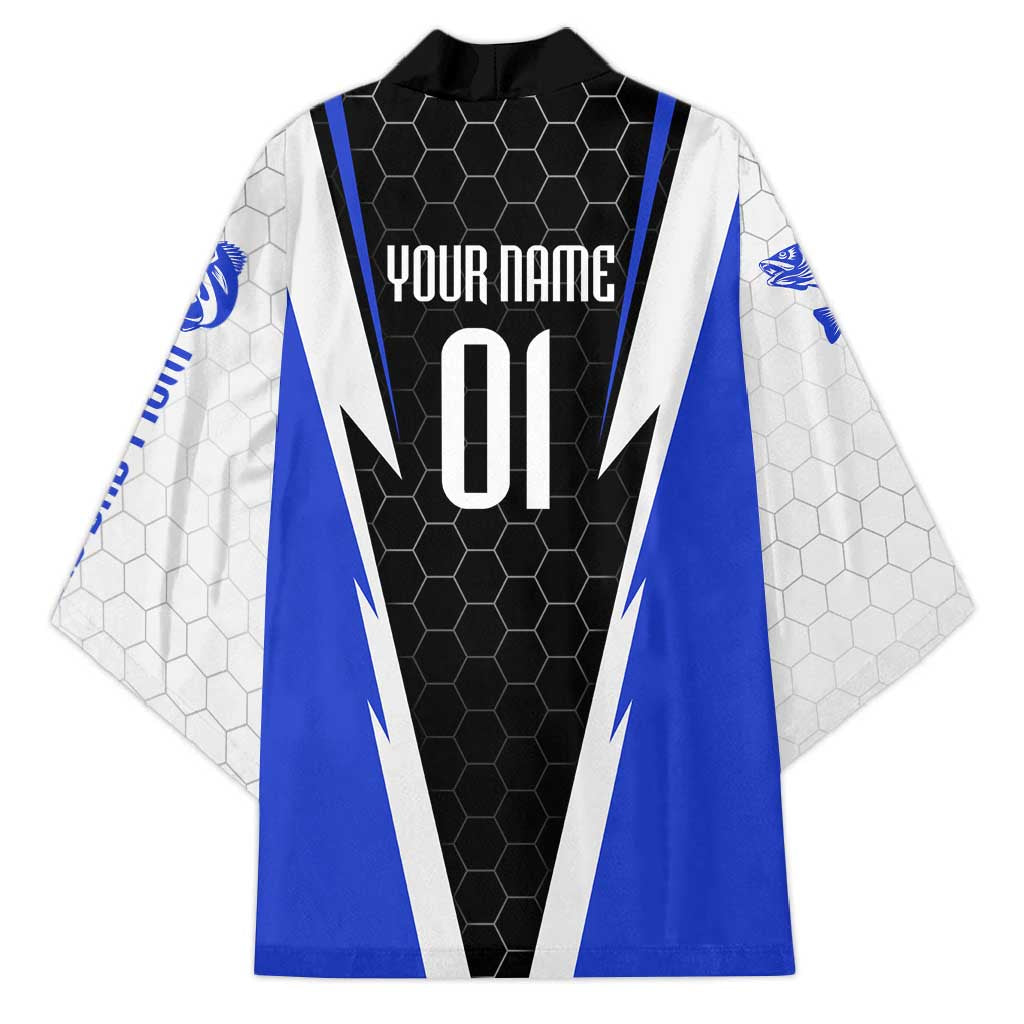 Custom Walleye Fishing Kimono with Jumping Fish Splash and Blue Black Hexagon Pattern - Wonder Print Shop