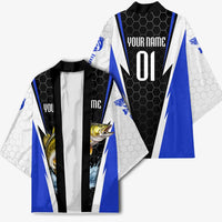Custom Walleye Fishing Kimono with Jumping Fish Splash and Blue Black Hexagon Pattern - Wonder Print Shop