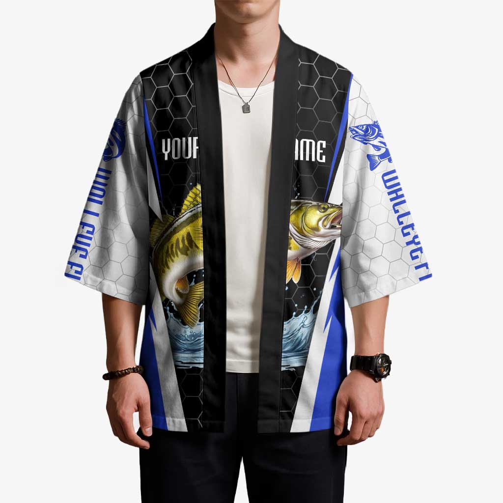 Custom Walleye Fishing Kimono with Jumping Fish Splash and Blue Black Hexagon Pattern - Wonder Print Shop