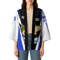 Custom Walleye Fishing Kimono with Jumping Fish Splash and Blue Black Hexagon Pattern - Wonder Print Shop