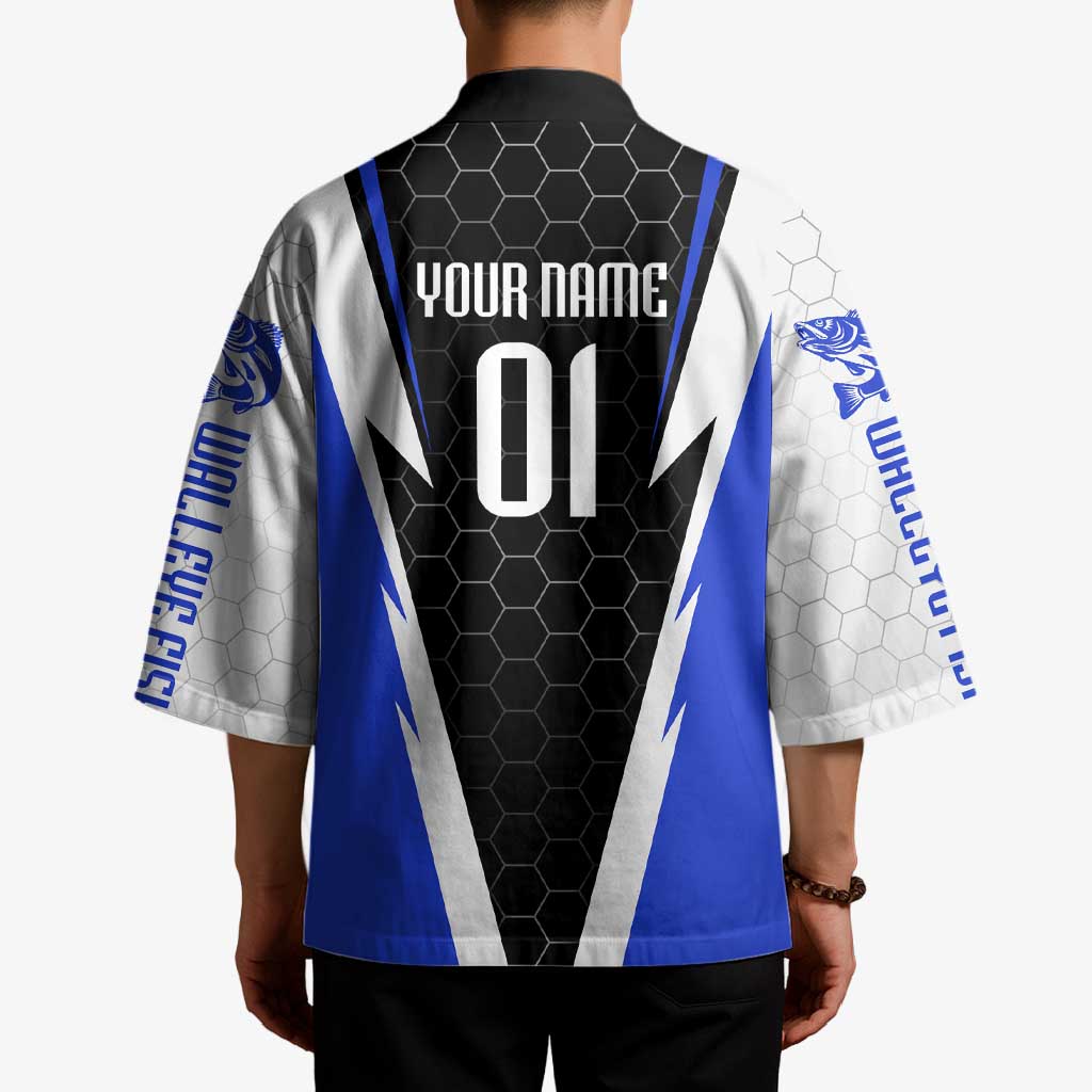 Custom Walleye Fishing Kimono with Jumping Fish Splash and Blue Black Hexagon Pattern - Wonder Print Shop
