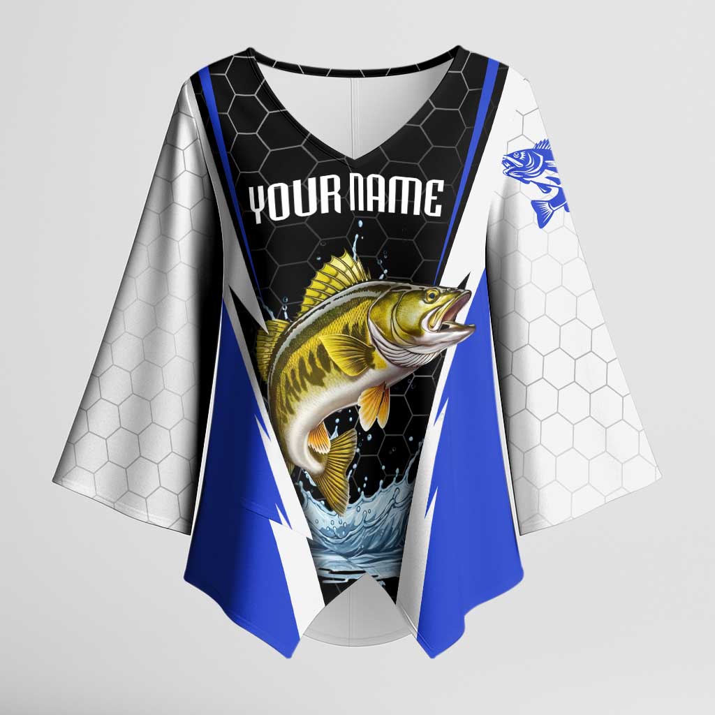 Custom Walleye Fishing Kimono Sleeve Blouse with Jumping Fish Splash and Blue Black Hexagon Pattern - Wonder Print Shop