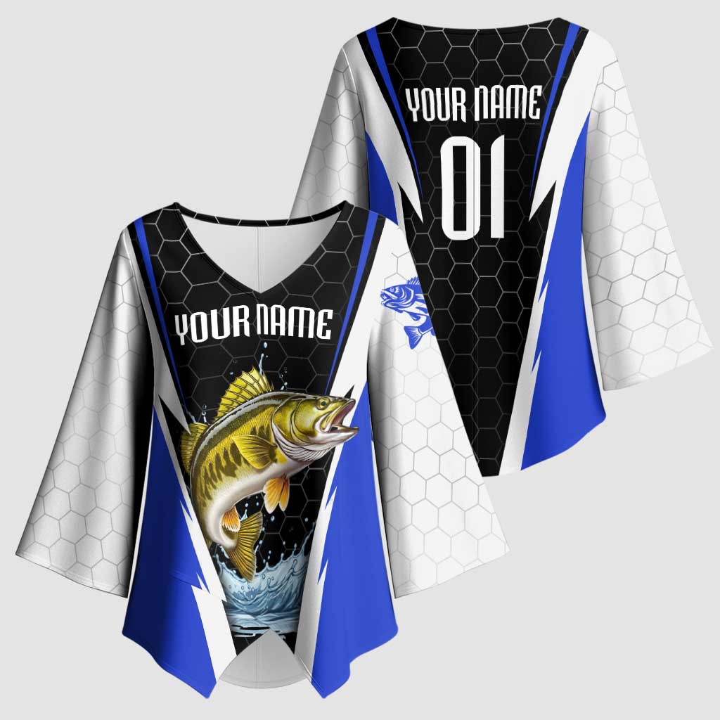 Custom Walleye Fishing Kimono Sleeve Blouse with Jumping Fish Splash and Blue Black Hexagon Pattern - Wonder Print Shop