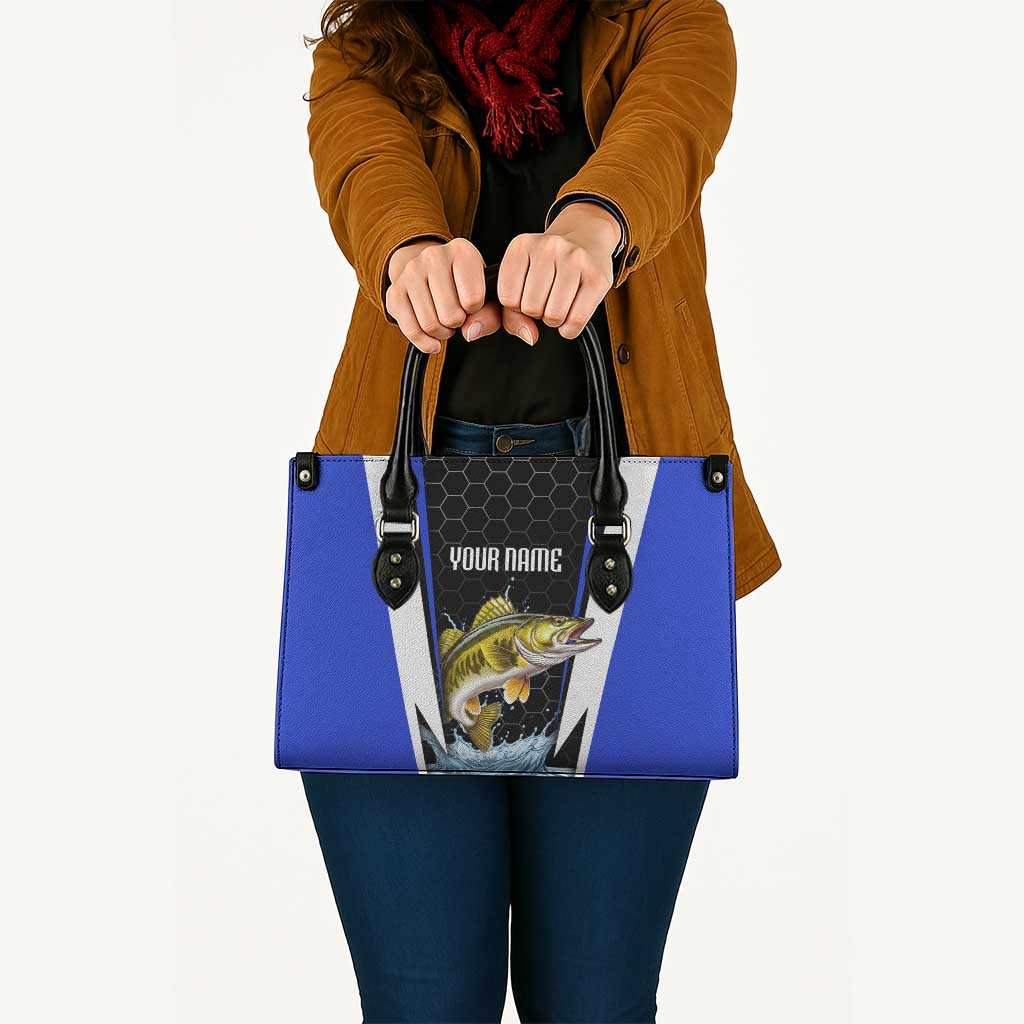 Custom Walleye Fishing Leather Bag with Jumping Fish Splash and Blue Black Hexagon Pattern - Wonder Print Shop