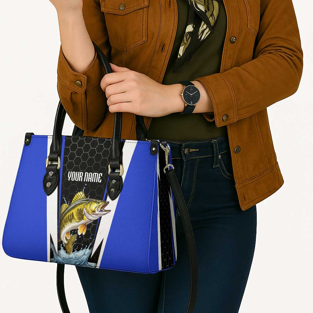 Custom Walleye Fishing Leather Bag with Jumping Fish Splash and Blue Black Hexagon Pattern - Wonder Print Shop