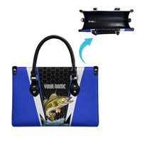 Custom Walleye Fishing Leather Bag with Jumping Fish Splash and Blue Black Hexagon Pattern - Wonder Print Shop