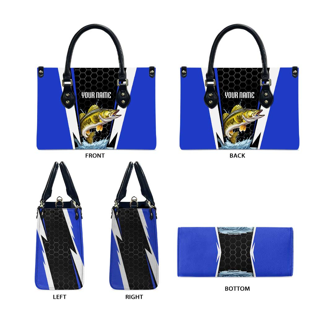 Custom Walleye Fishing Leather Bag with Jumping Fish Splash and Blue Black Hexagon Pattern - Wonder Print Shop
