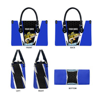 Custom Walleye Fishing Leather Bag with Jumping Fish Splash and Blue Black Hexagon Pattern - Wonder Print Shop