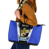 Custom Walleye Fishing Leather Tote Bag with Jumping Fish Splash and Blue Black Hexagon Pattern - Wonder Print Shop