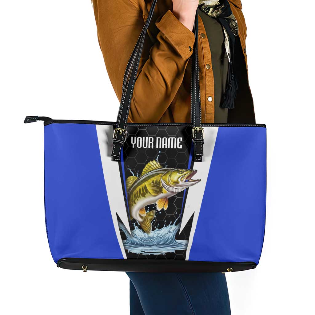 Custom Walleye Fishing Leather Tote Bag with Jumping Fish Splash and Blue Black Hexagon Pattern - Wonder Print Shop