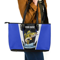 Custom Walleye Fishing Leather Tote Bag with Jumping Fish Splash and Blue Black Hexagon Pattern - Wonder Print Shop