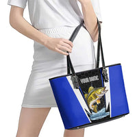 Custom Walleye Fishing Leather Tote Bag with Jumping Fish Splash and Blue Black Hexagon Pattern - Wonder Print Shop
