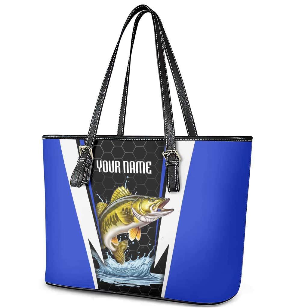 Custom Walleye Fishing Leather Tote Bag with Jumping Fish Splash and Blue Black Hexagon Pattern - Wonder Print Shop