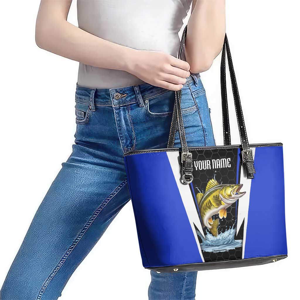 Custom Walleye Fishing Leather Tote Bag with Jumping Fish Splash and Blue Black Hexagon Pattern - Wonder Print Shop