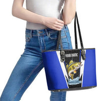 Custom Walleye Fishing Leather Tote Bag with Jumping Fish Splash and Blue Black Hexagon Pattern - Wonder Print Shop