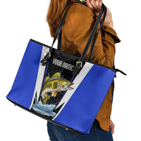 Custom Walleye Fishing Leather Tote Bag with Jumping Fish Splash and Blue Black Hexagon Pattern - Wonder Print Shop