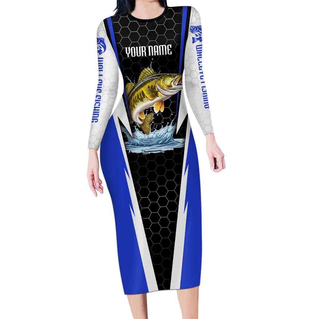 Custom Walleye Fishing Long Sleeve Bodycon Dress with Jumping Fish Splash and Blue Black Hexagon Pattern - Wonder Print Shop