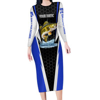 Custom Walleye Fishing Long Sleeve Bodycon Dress with Jumping Fish Splash and Blue Black Hexagon Pattern - Wonder Print Shop