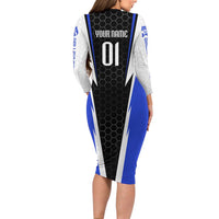 Custom Walleye Fishing Long Sleeve Bodycon Dress with Jumping Fish Splash and Blue Black Hexagon Pattern - Wonder Print Shop