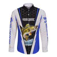 Custom Walleye Fishing Long Sleeve Button Shirt with Jumping Fish Splash and Blue Black Hexagon Pattern - Wonder Print Shop
