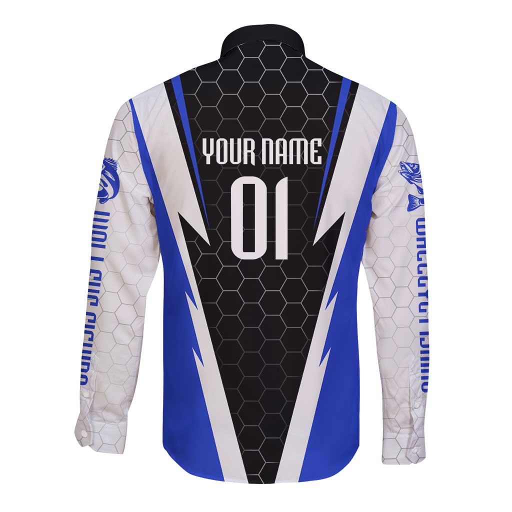 Custom Walleye Fishing Long Sleeve Button Shirt with Jumping Fish Splash and Blue Black Hexagon Pattern - Wonder Print Shop