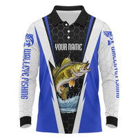Custom Walleye Fishing Long Sleeve Polo Shirt with Jumping Fish Splash and Blue Black Hexagon Pattern - Wonder Print Shop