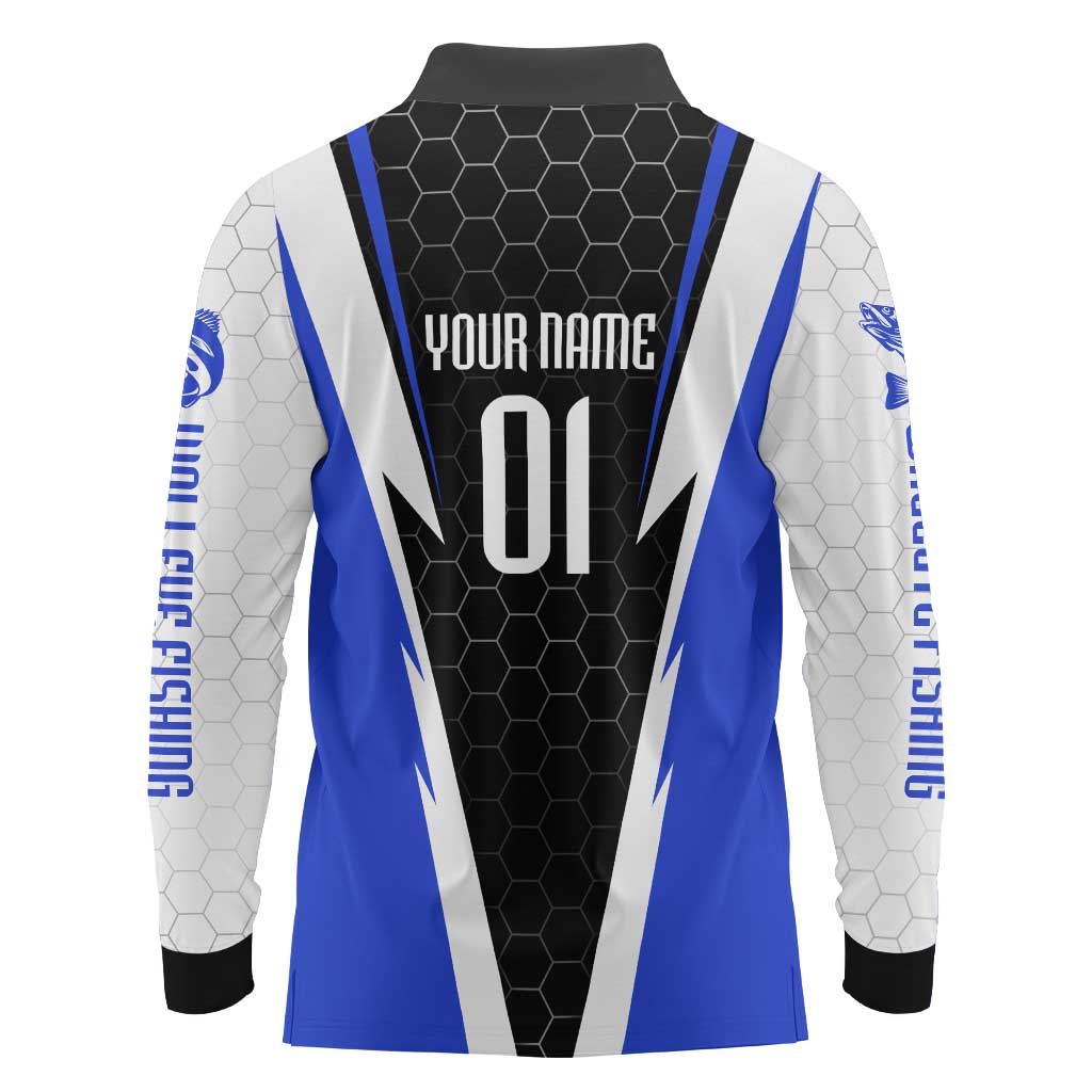 Custom Walleye Fishing Long Sleeve Polo Shirt with Jumping Fish Splash and Blue Black Hexagon Pattern - Wonder Print Shop