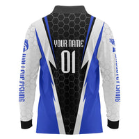 Custom Walleye Fishing Long Sleeve Polo Shirt with Jumping Fish Splash and Blue Black Hexagon Pattern - Wonder Print Shop