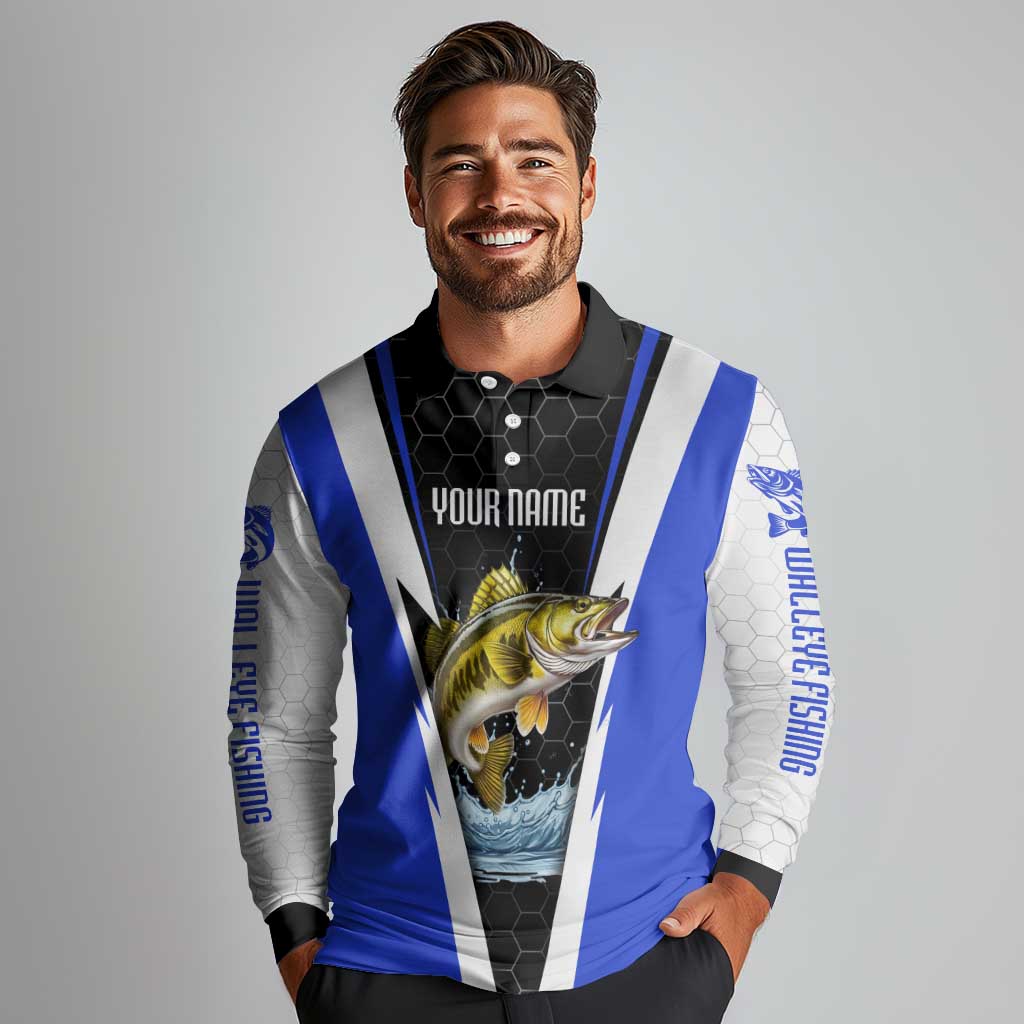 Custom Walleye Fishing Long Sleeve Polo Shirt with Jumping Fish Splash and Blue Black Hexagon Pattern - Wonder Print Shop
