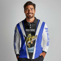Custom Walleye Fishing Long Sleeve Polo Shirt with Jumping Fish Splash and Blue Black Hexagon Pattern - Wonder Print Shop