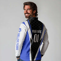 Custom Walleye Fishing Long Sleeve Polo Shirt with Jumping Fish Splash and Blue Black Hexagon Pattern - Wonder Print Shop