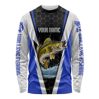 Custom Walleye Fishing Long Sleeve Shirt with Jumping Fish Splash and Blue Black Hexagon Pattern - Wonder Print Shop