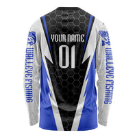 Custom Walleye Fishing Long Sleeve Shirt with Jumping Fish Splash and Blue Black Hexagon Pattern - Wonder Print Shop