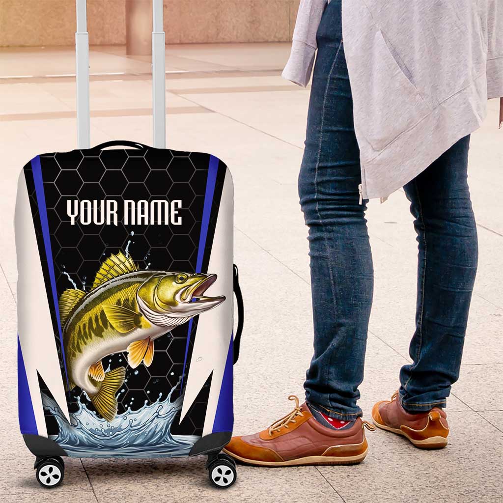 Custom Walleye Fishing Luggage Cover with Jumping Fish Splash and Blue Black Hexagon Pattern - Wonder Print Shop
