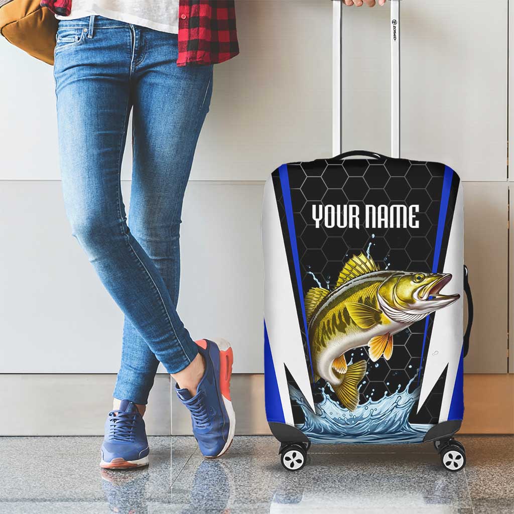 Custom Walleye Fishing Luggage Cover with Jumping Fish Splash and Blue Black Hexagon Pattern - Wonder Print Shop