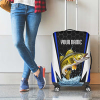 Custom Walleye Fishing Luggage Cover with Jumping Fish Splash and Blue Black Hexagon Pattern - Wonder Print Shop