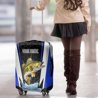 Custom Walleye Fishing Luggage Cover with Jumping Fish Splash and Blue Black Hexagon Pattern - Wonder Print Shop
