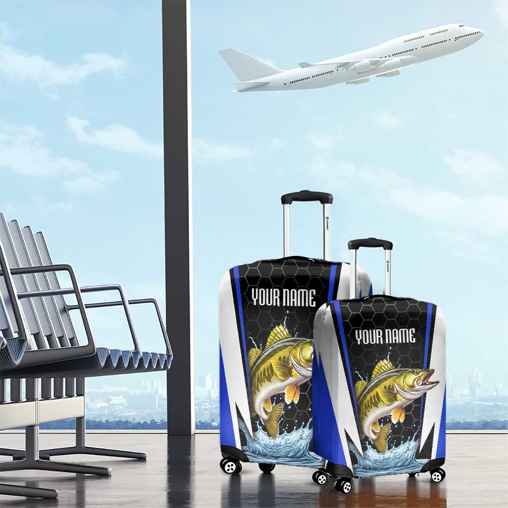 Custom Walleye Fishing Luggage Cover with Jumping Fish Splash and Blue Black Hexagon Pattern - Wonder Print Shop