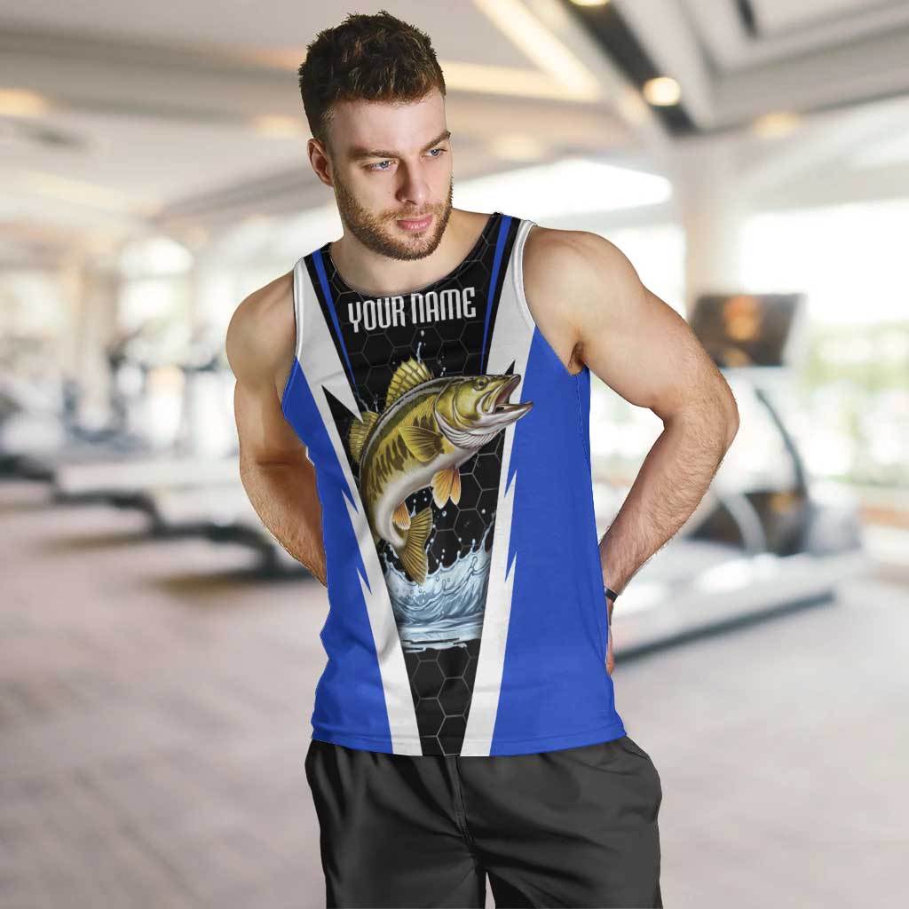 Custom Walleye Fishing Men Tank Top with Jumping Fish Splash and Blue Black Hexagon Pattern - Wonder Print Shop