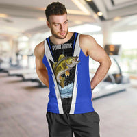 Custom Walleye Fishing Men Tank Top with Jumping Fish Splash and Blue Black Hexagon Pattern - Wonder Print Shop