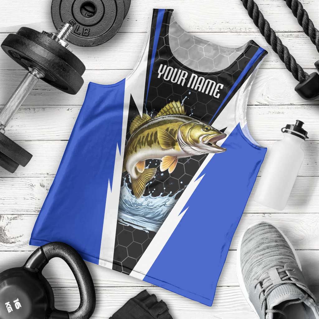 Custom Walleye Fishing Men Tank Top with Jumping Fish Splash and Blue Black Hexagon Pattern - Wonder Print Shop