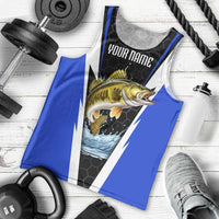 Custom Walleye Fishing Men Tank Top with Jumping Fish Splash and Blue Black Hexagon Pattern - Wonder Print Shop