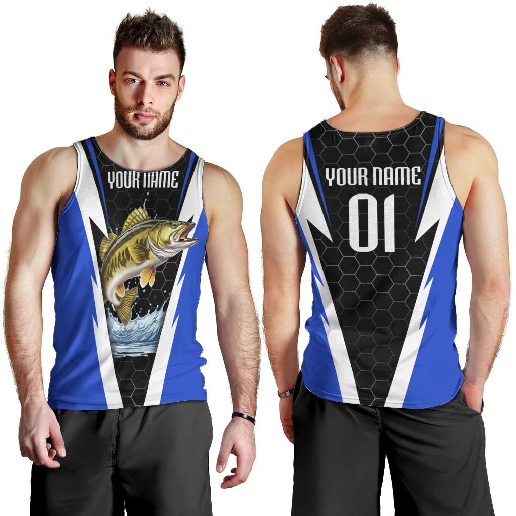 Custom Walleye Fishing Men Tank Top with Jumping Fish Splash and Blue Black Hexagon Pattern - Wonder Print Shop