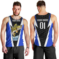 Custom Walleye Fishing Men Tank Top with Jumping Fish Splash and Blue Black Hexagon Pattern - Wonder Print Shop