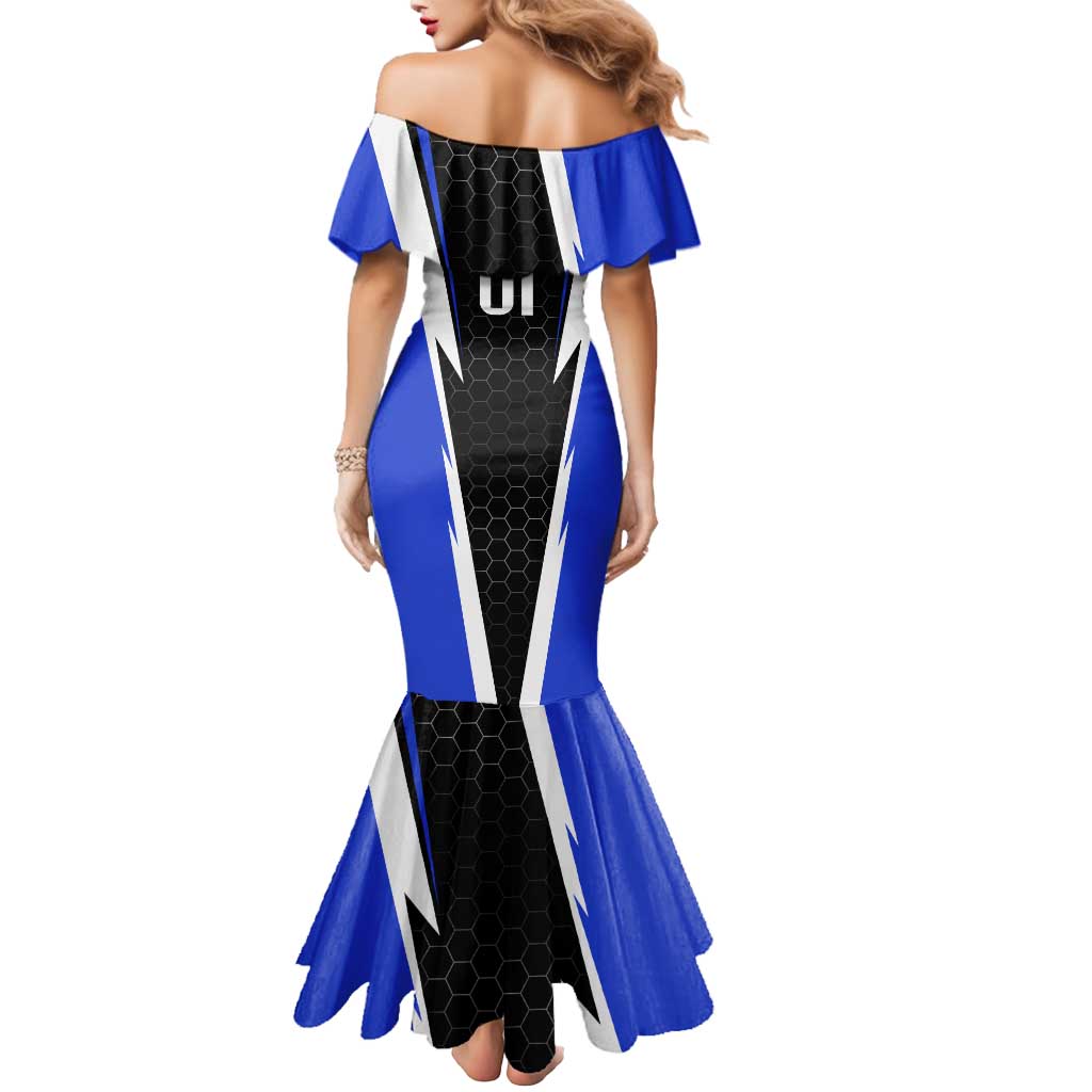 Custom Walleye Fishing Mermaid Dress with Jumping Fish Splash and Blue Black Hexagon Pattern - Wonder Print Shop