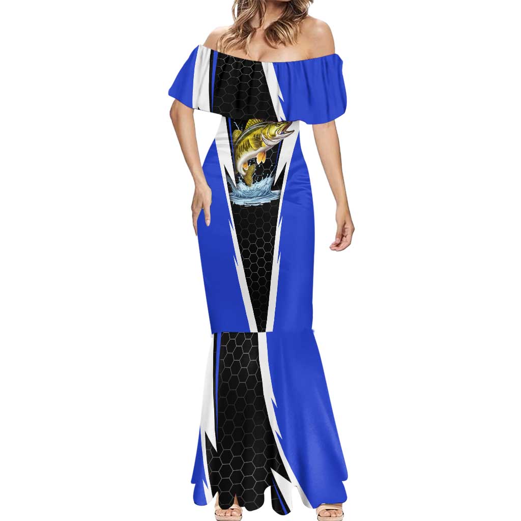 Custom Walleye Fishing Mermaid Dress with Jumping Fish Splash and Blue Black Hexagon Pattern - Wonder Print Shop