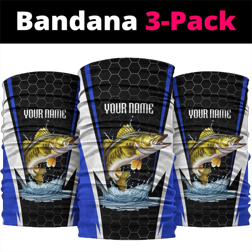 Custom Walleye Fishing Neck Gaiter with Jumping Fish Splash and Blue Black Hexagon Pattern - Wonder Print Shop