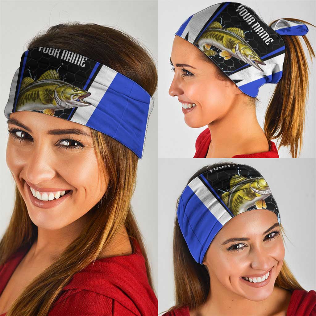 Custom Walleye Fishing Neck Gaiter with Jumping Fish Splash and Blue Black Hexagon Pattern - Wonder Print Shop